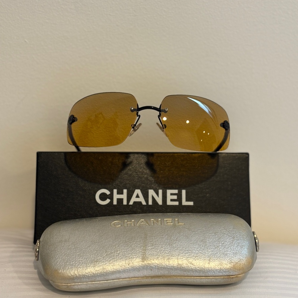 Chanel Rimless Sunglasses with Gold Lenses and Silver Case
